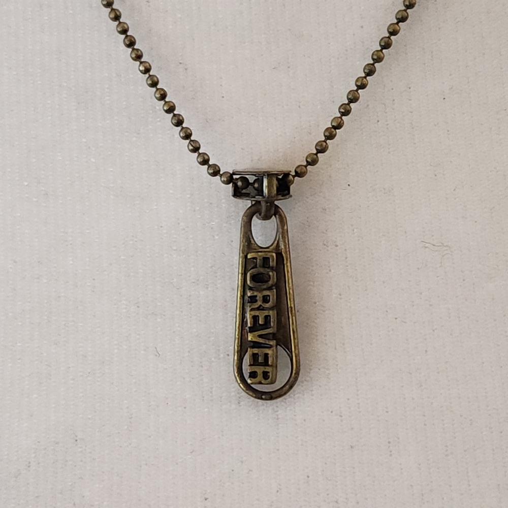 Forever Zipper Charm Pendant Necklace in Antique Brass Color